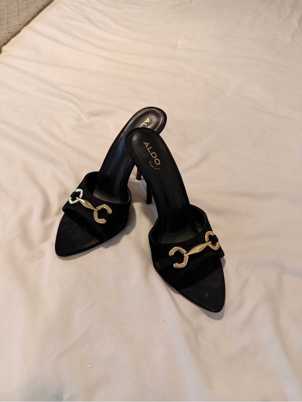 ALDO Black Pointed Mule Heels with Gold Link Accent